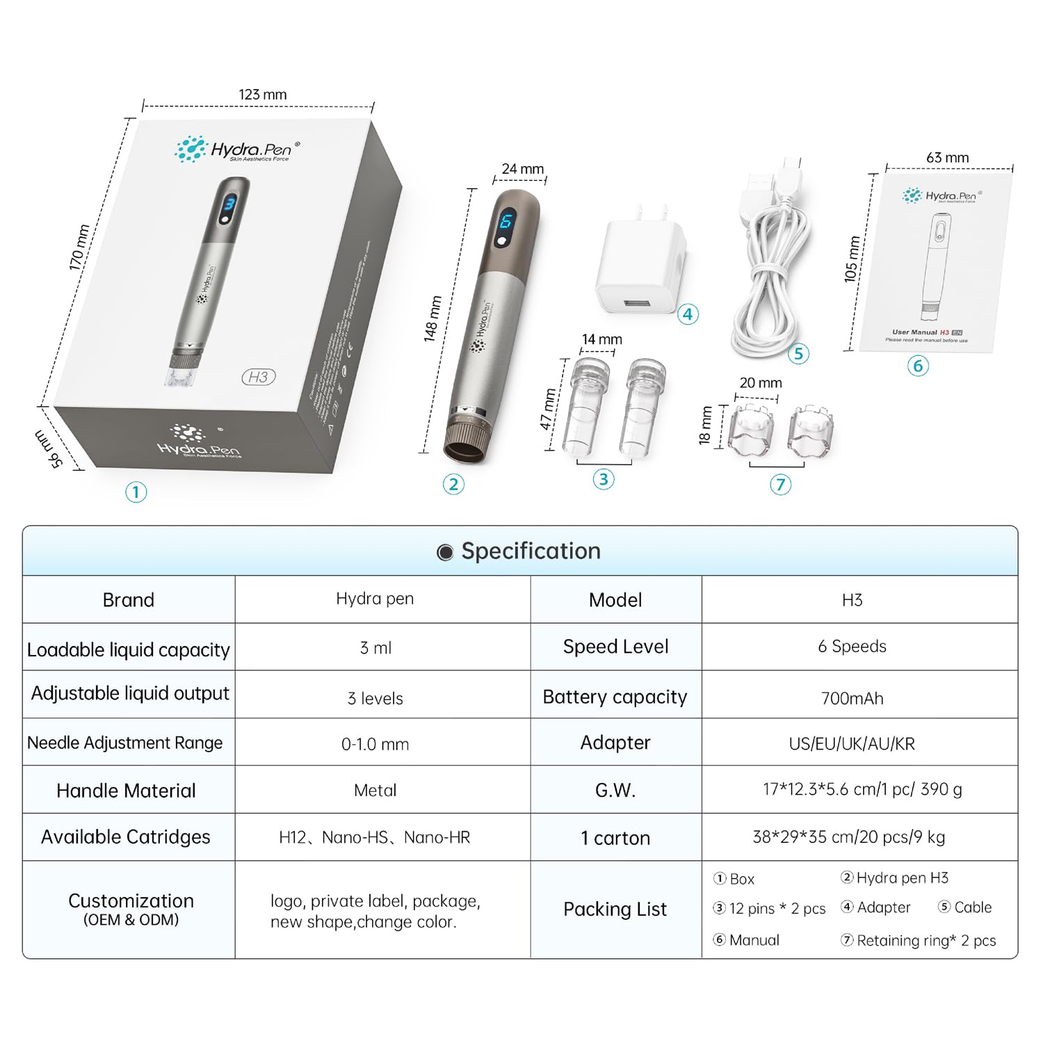 Dr Pen Hydra Pen H3 Microneedling Pen Professional Serum Applicator Micro Needling Machine with Replacement Needle Cartridges 12Pins Nano-HR Nano-HS