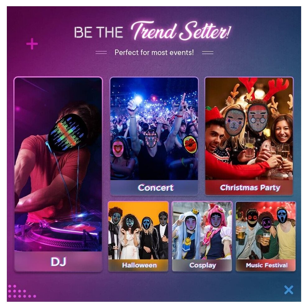 LED Mask Programmable App Control Halloween Costume Party Rave Club