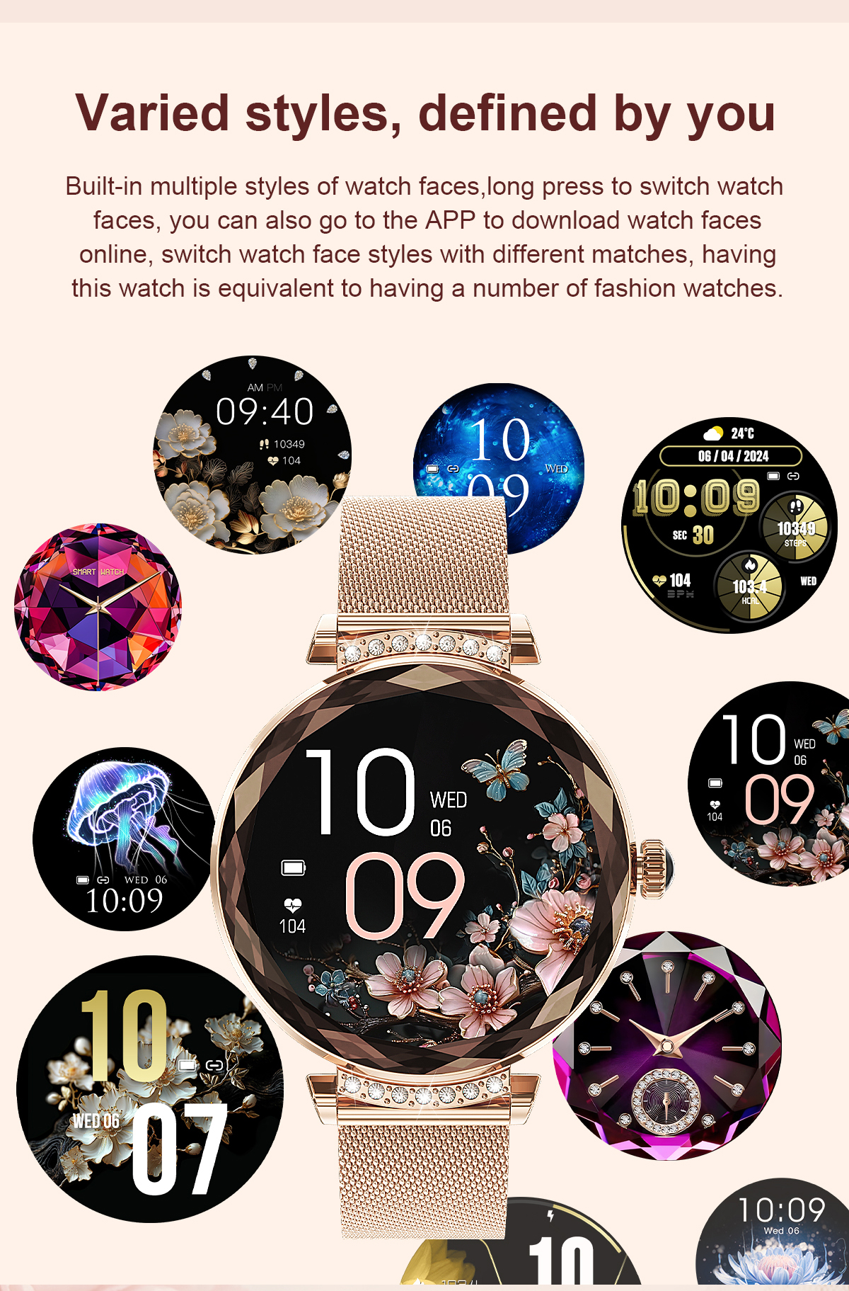 (Gold) Lady Smart Watch Fashion 1.19 Inch AMOLED BT Call Women Female IP68 Smartwatch