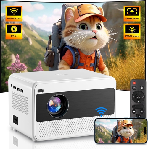 Projector with 5G WiFi Portable Video Projector 16000 Lumen Native 1080P BT Electric Focus Home Theater Movie Projector Compatible with iOS Android Phone TV Stick Laptop VGA Indoor Outdoor Use