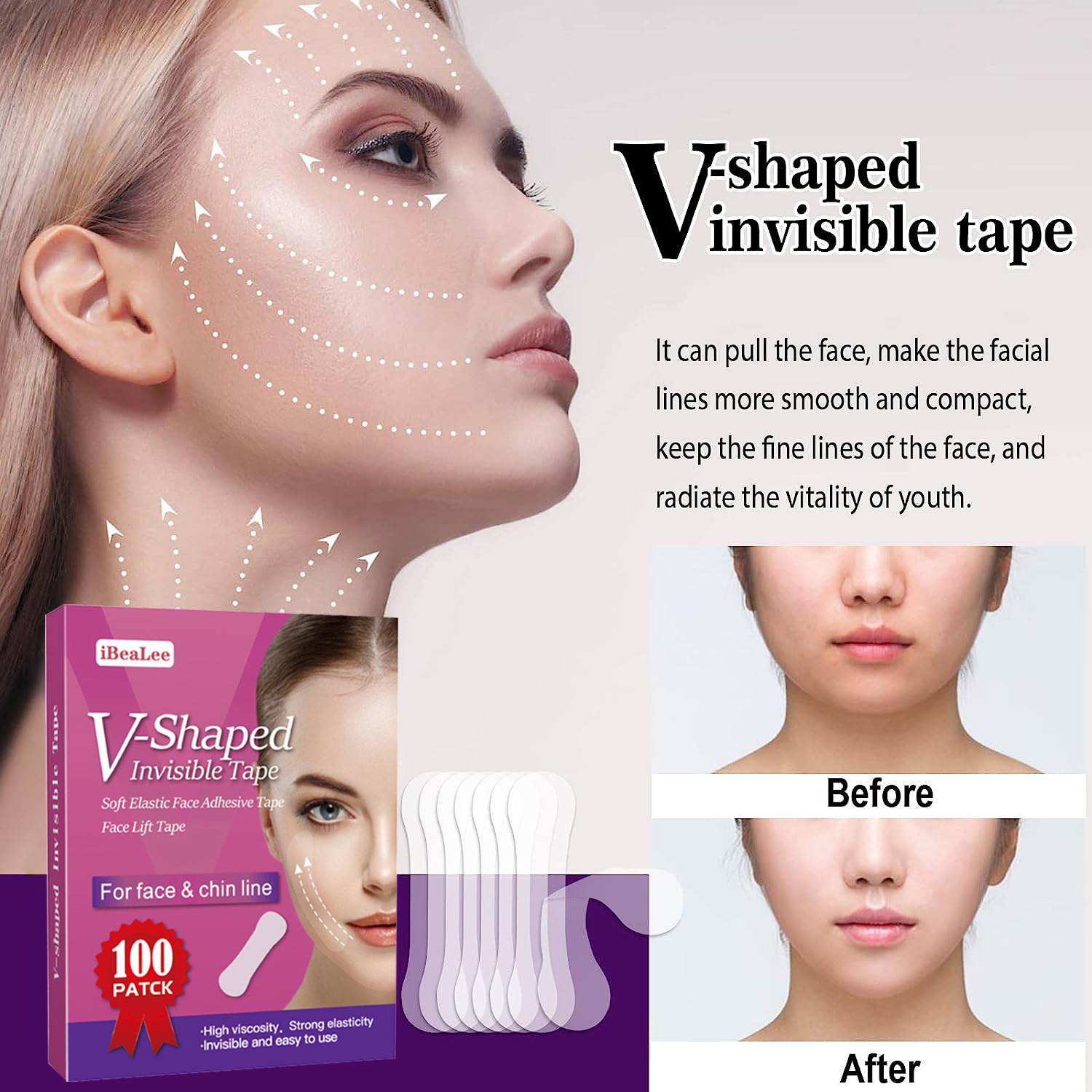 Facelift Tape for Face V-Shape Invisible Tape Facial Lift Sticker Ultra Thin Double Chin Reducer for Neck Jowls Face Sagging Face Lifting