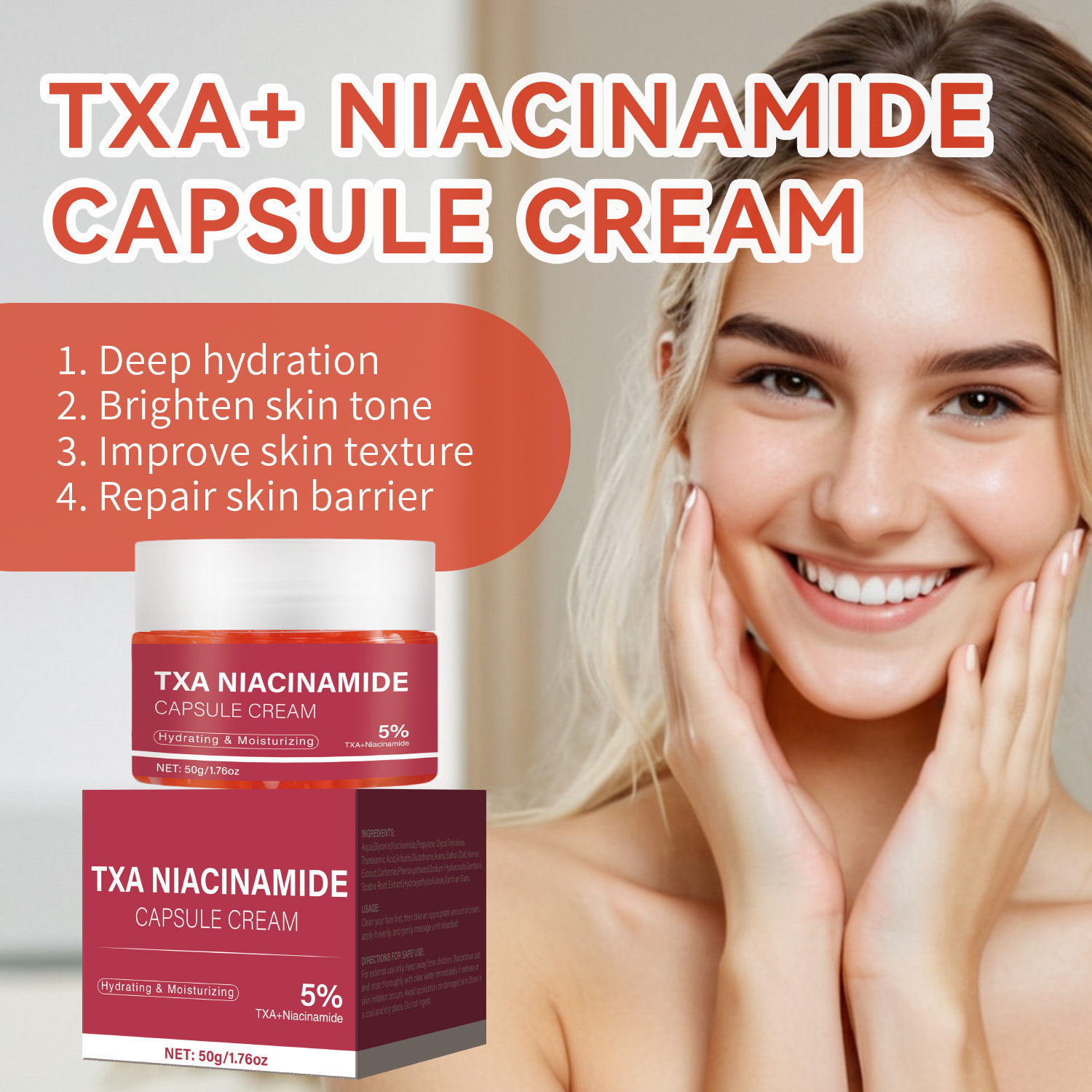 Niacinamide Capsule Cream Brightening Hydrating Smoothing For Even Skin Tone Daily Face Moisturizing Care 50g