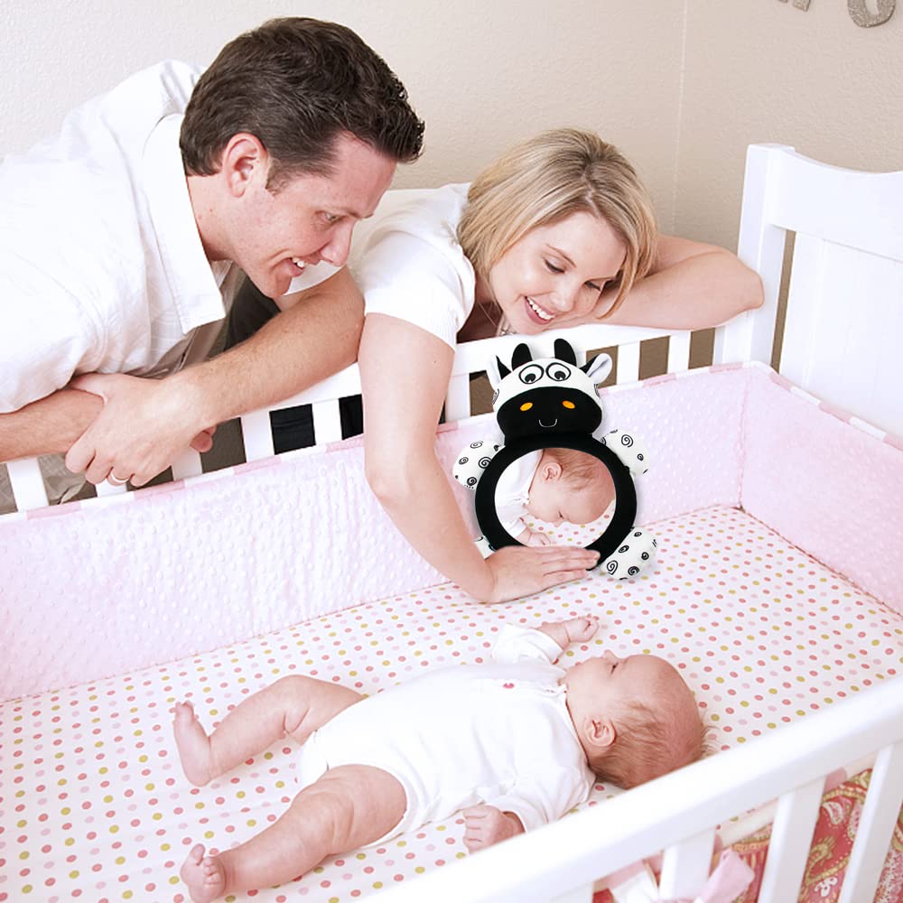 (GY) Baby Mirror Toys Multi-Function High Contrast Black and White Baby Toy Infant Soft Mirror Tummy Time Easy to Install Infant Toys