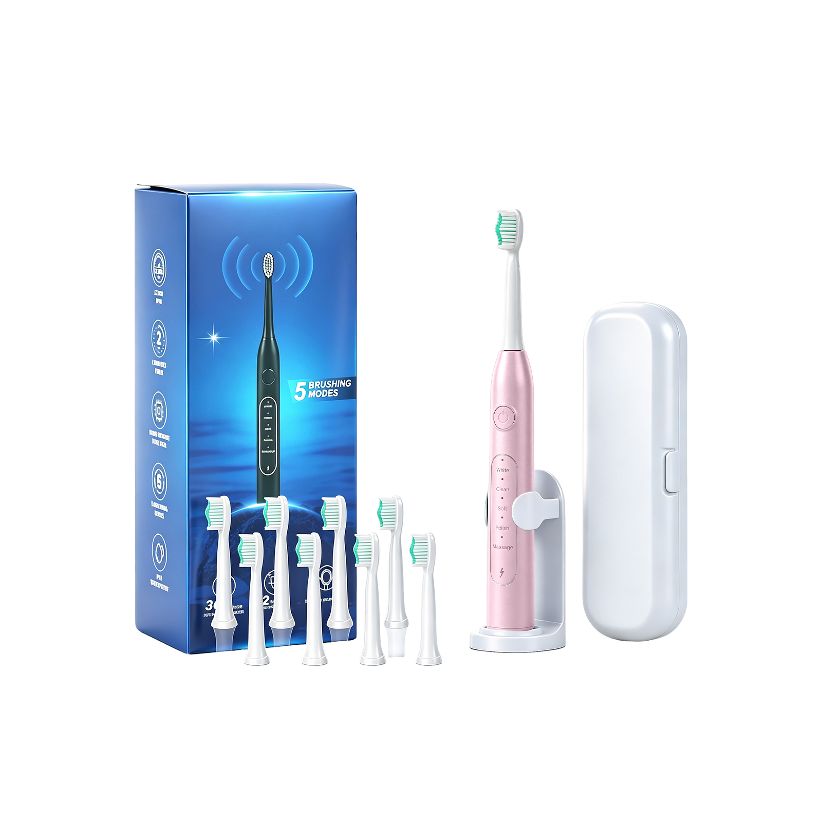 Electric Toothbrush Pink Eight Brush Heads Usb Charging Soft Bristles Clean Tooth Stains Protect Gum Health