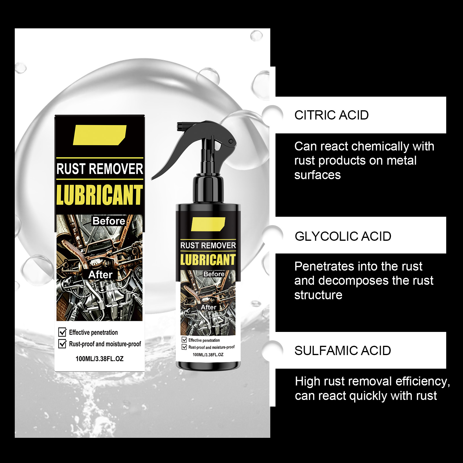 RustRemover Penetrating Decomposing Rust Forming Film Protection Multi Metal Applicable Spray Easy Use Hydrophobic Weatherproof Cleaner