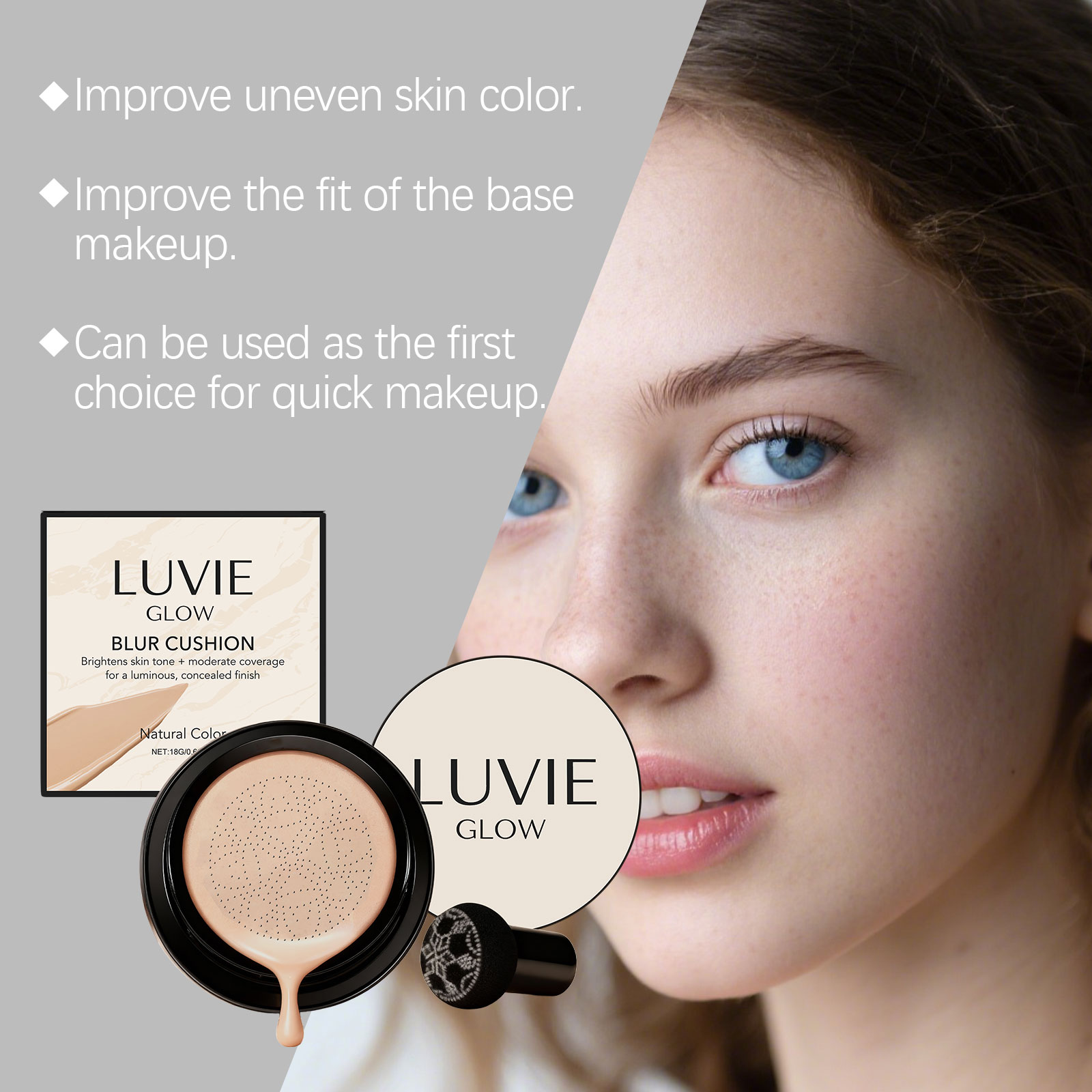 (Ivory White) Brightening Flawless Cushion Cream Multi Shade Bright Natural Conceal Light Hydrating Smooth Clear Facial Makeup