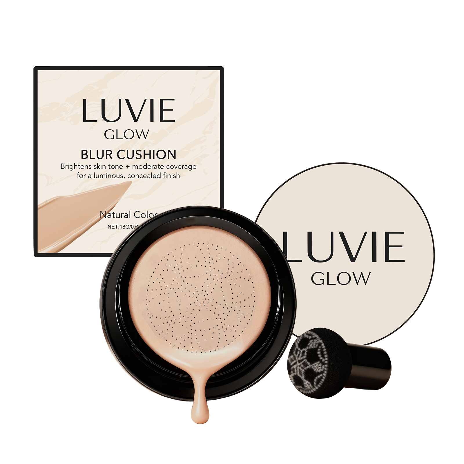 (Ivory White) Brightening Flawless Cushion Cream Multi Shade Bright Natural Conceal Light Hydrating Smooth Clear Facial Makeup
