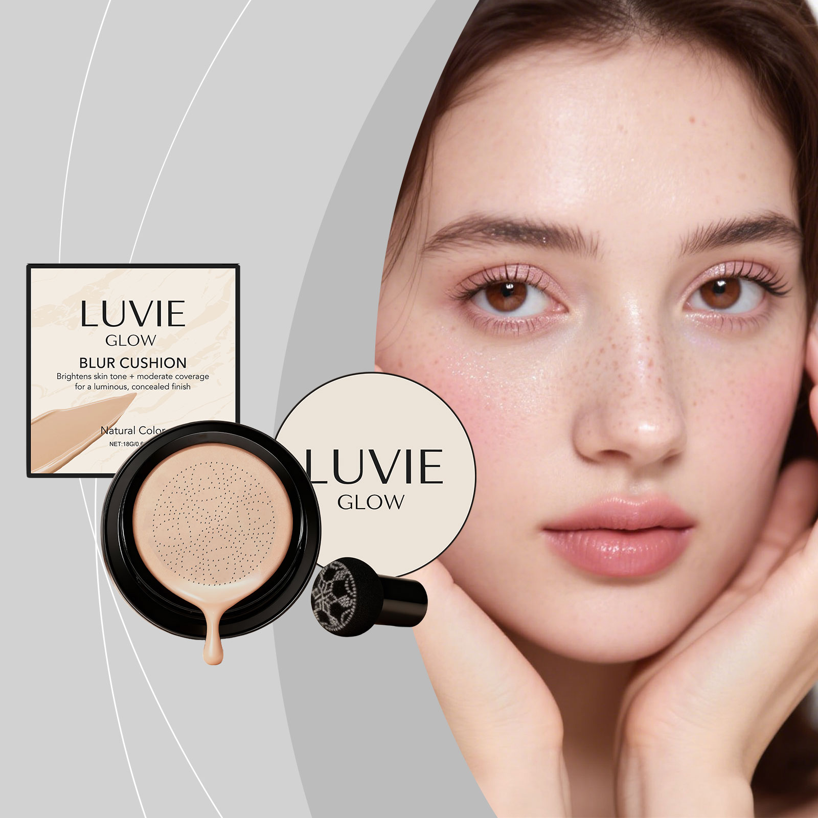 (Ivory White) Brightening Flawless Cushion Cream Multi Shade Bright Natural Conceal Light Hydrating Smooth Clear Facial Makeup