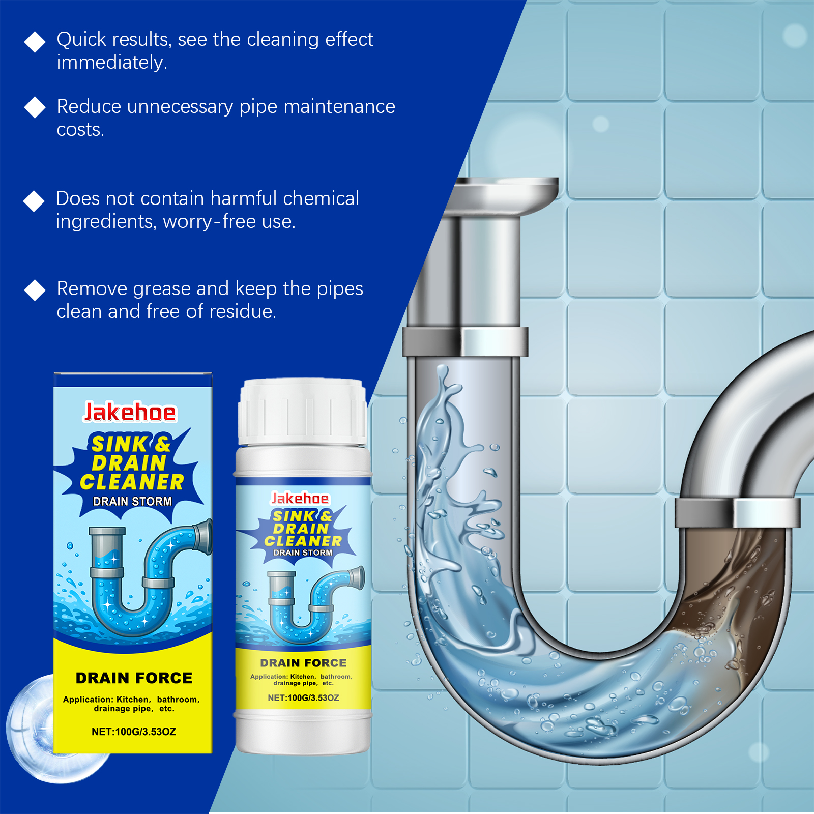 Drain Pipe Unclogger Cleaner For Kitchen Sink Toilet Sewer Clog Odor Removal