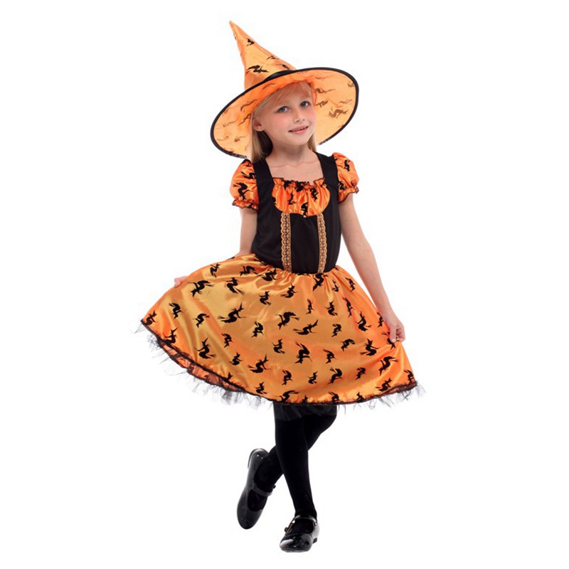 (110~120CM) Halloween Witch Costume Pumpkin Fairytale Dress Cosplay Fancy Dress Outfits For Girl Dress Up
