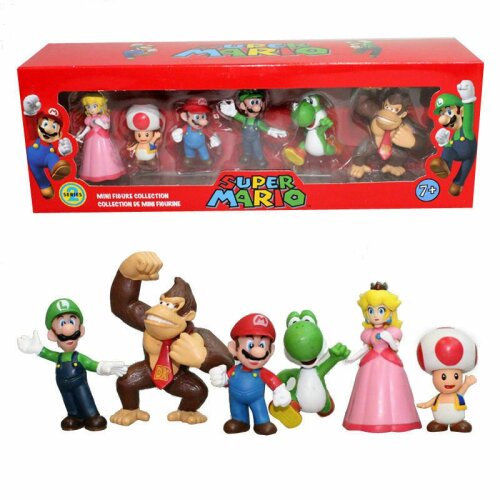 6PCS Super Mario Bros Action Figure Toys Dolls Luigi Yoshi Mushroom Kid Gift Toy Pink