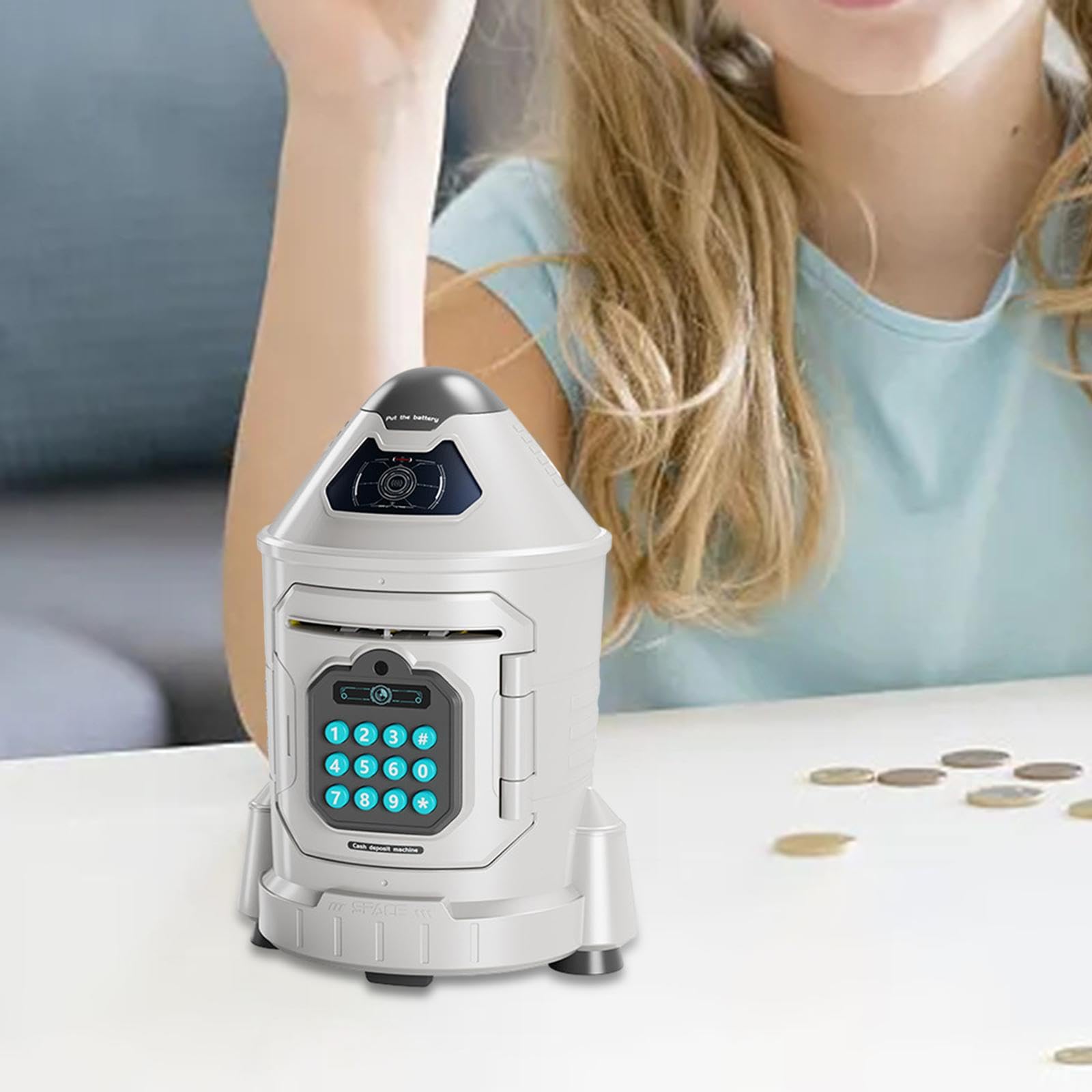 (Blue) Rocket Piggy Bank Electronic ATM Savings Machine with Password Face Recognition Auto Scroll ATM Machine for Boy Girls