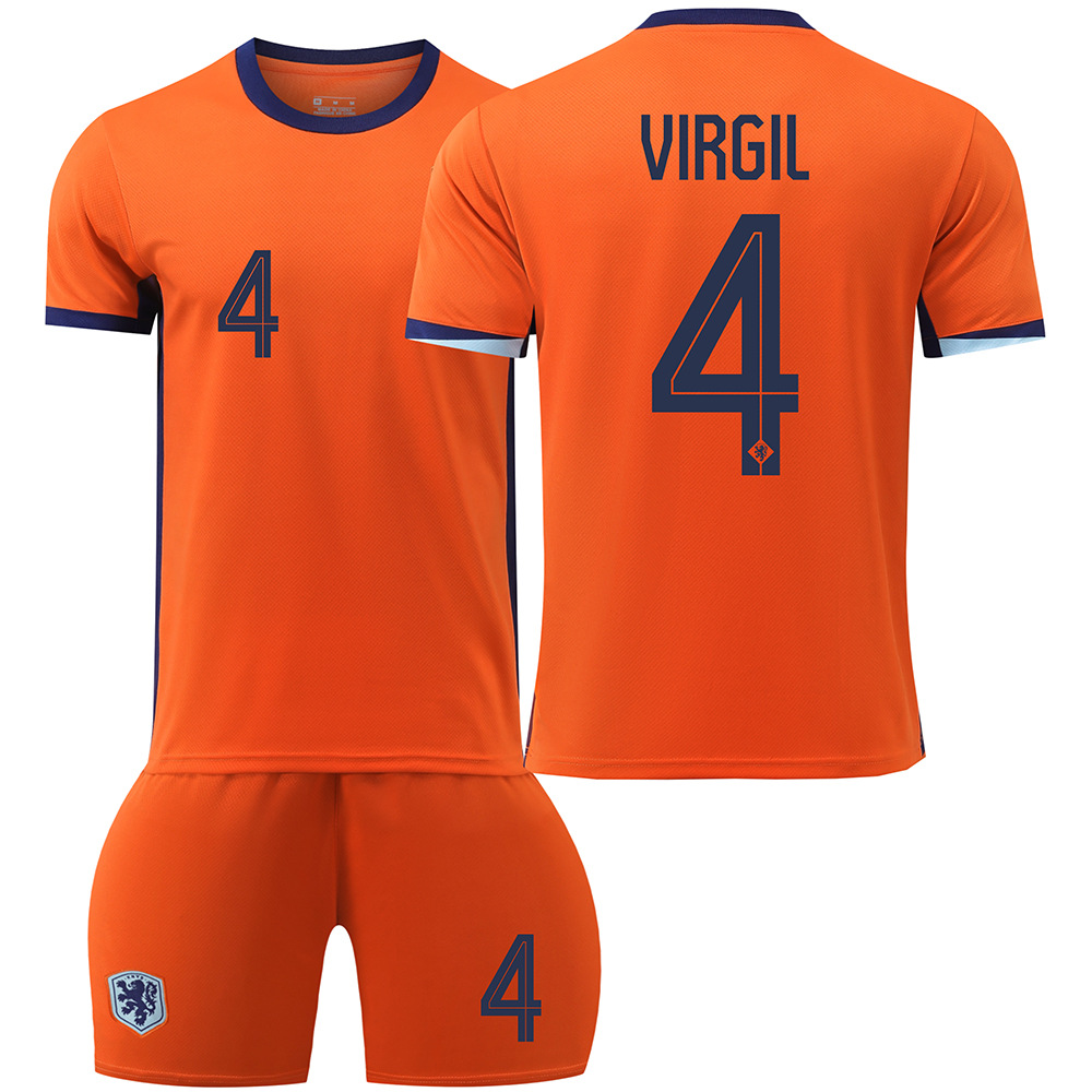 (Kids 2~3 Years) Football Kit Tracksuit for Kids Netherlands Home Kit Euro 2024 with No. 4 Virgil Football Jersey Shirt Soccer Jersey Shirts Shorts Socks Sportwear