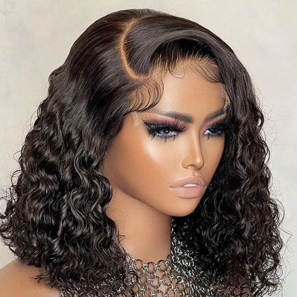 (Side Part 8inches) Bob Lace Wig Black Curly For Women Deep Water Curly Wave Human Hair Wigs 100 Percent  Remy Natural Hair Short Lace Frontal T Part Wig