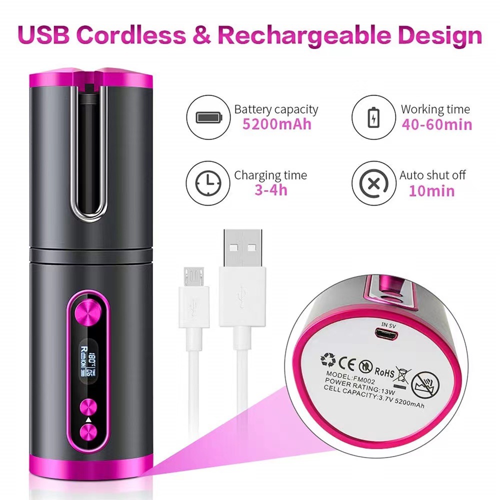 (Grey) Hair Curler Rotating Curling Tongs Curling Iron Cordless Auto Curler Restriction Rechargeable Ceramic Professional Hair Curler USB ChargingPortable