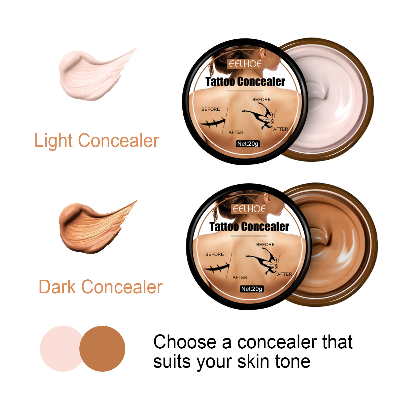 (1PC Light Color) Tattoo Concealer Invisible Tattoo Cover Cream Body Scars Birthmark Spots Covers Waterproof Brightening Makeup Cosmetics Tool Foundation Makeup 20g