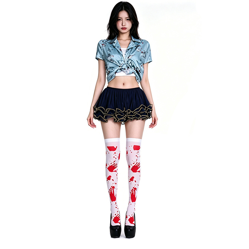 (Knee High Socks C) Cloak Halloween Party Kids Adults Blood Stained Cape Bleeding Apron Blood Stained Stockings Cosplay Props
