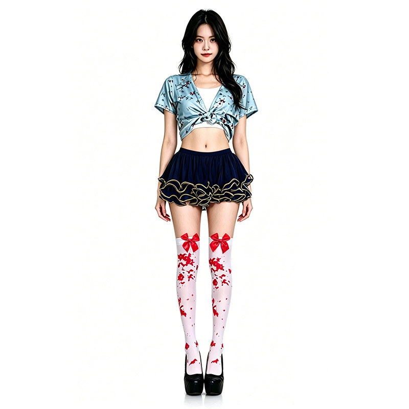 (Knee High Socks C) Cloak Halloween Party Kids Adults Blood Stained Cape Bleeding Apron Blood Stained Stockings Cosplay Props