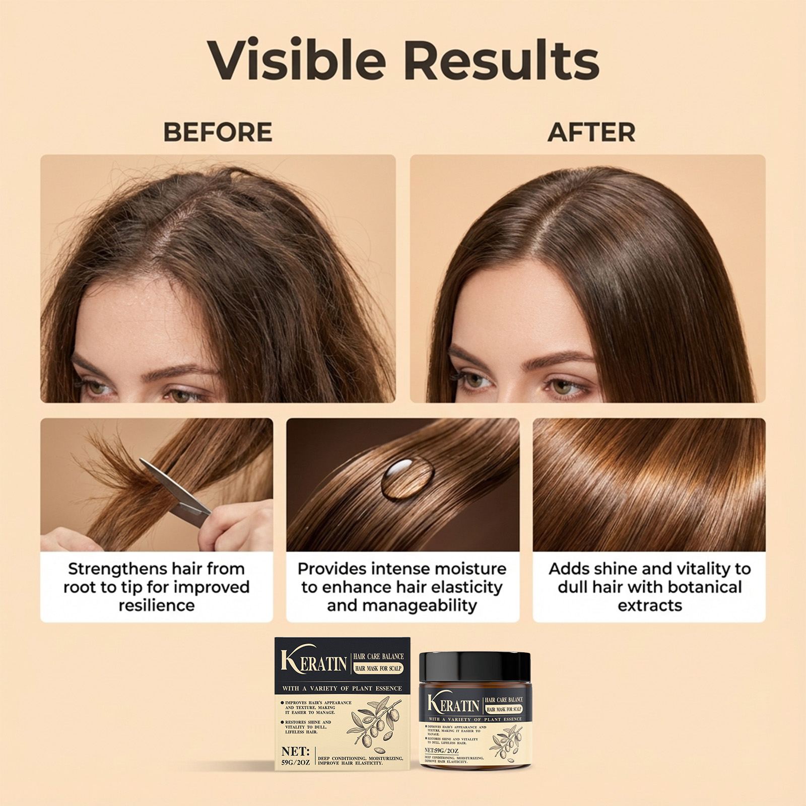 Keratin Care Hair Mask Mild Moisturizing Soft Hair Natural Shine Fluffy Gloss Massage Protect Hair Quality