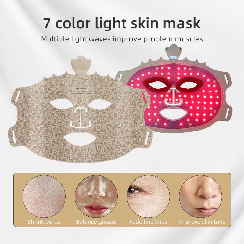 (Light Therapy Face Mask Black) Silicone LED Face Mask 7 Color Red Light Therapy Mask Skin Care Home Wireless Portable Beauty Device for Anti Aging Wrinkles Skin Rejuvenation
