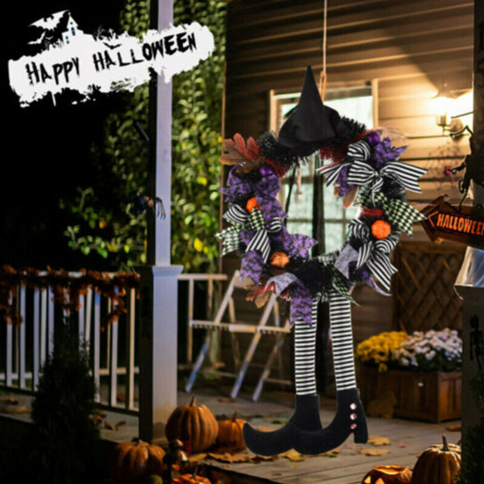 Halloween Front Door Wreath with Hat Witches Legs Pumpkin Hanging for Front Door Porch Window Indoor Outdoor Party Decoration 24 Inchs