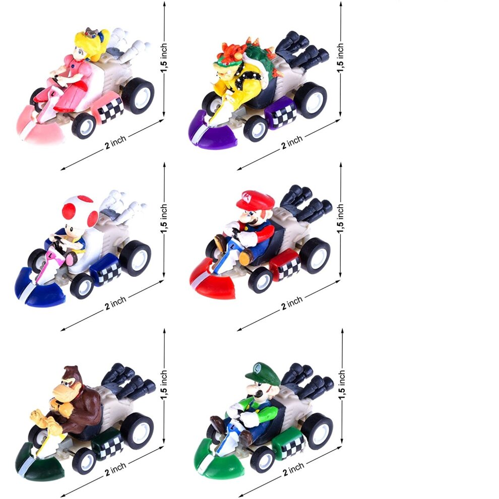 6pcs Mario Kart Cars Pull Backs Figures, Mario, Luigi, Princess Peach, Bowser, Toad, Don