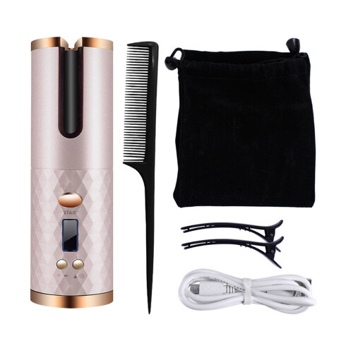 (Pink) Cordless Automatic Hair Curler | Portable Curling Tongs