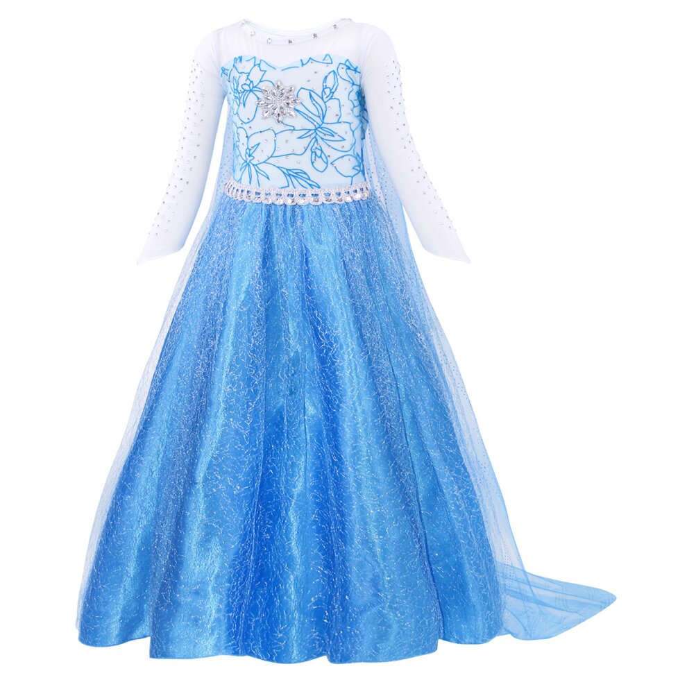 (9~10 Years) Girls Princess Dress Frozen Snow Queen Princess Elsa Dress for Girls Fancy Dress for Wedding, Party, Christmas Pageant, Cosplay-crown-jewelry scepter wig  blue gloves