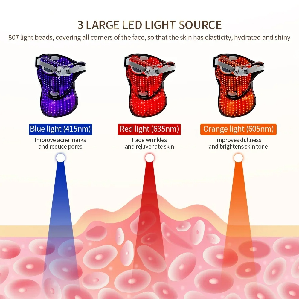 3 Colors LED Light Therapy Facial Mask Rechargeable Skin Care Wrinkle Acne Removal Face Beauty LED Mask