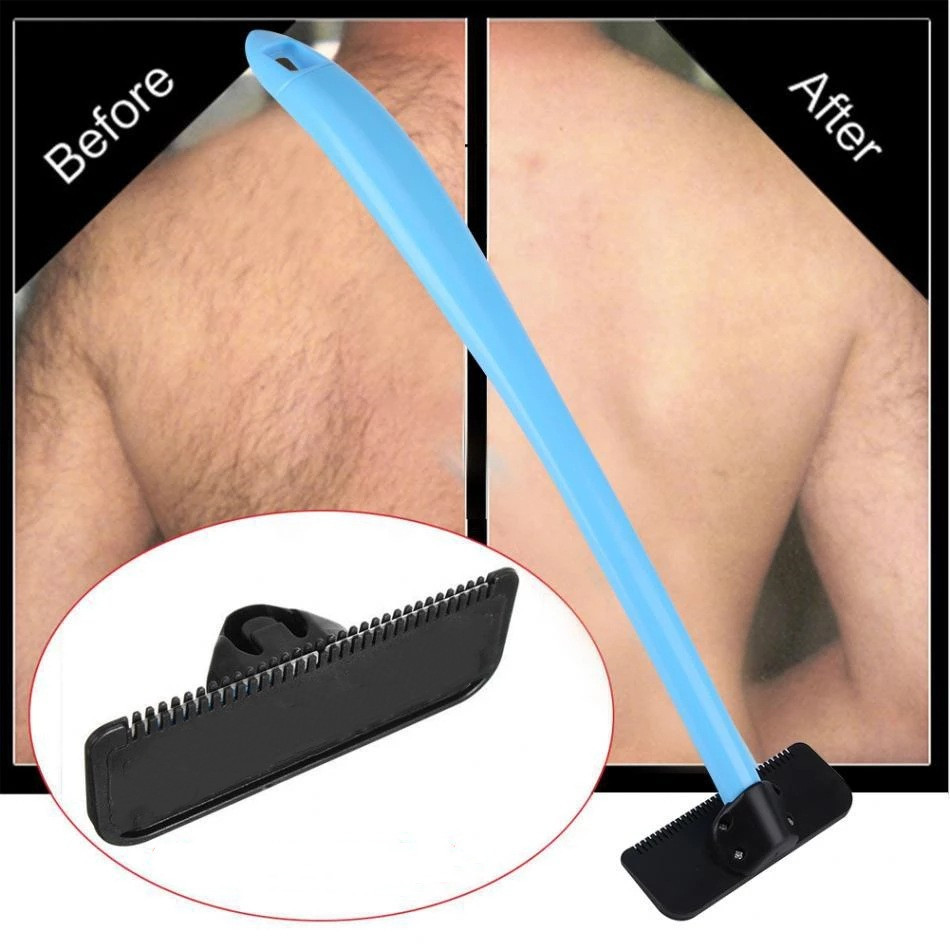(Blue) Single Blade Manual Back Hair Shaver for Men - Ergonomic Razor for Legs and Back