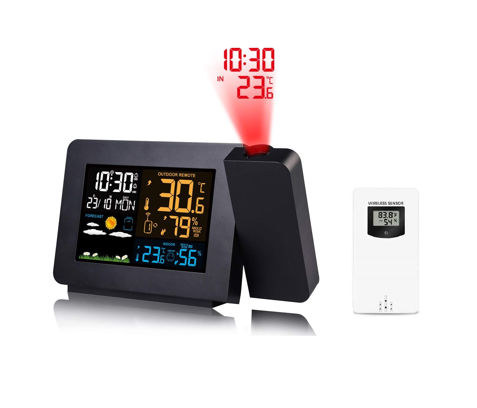 Projection Alarm Clock with Outdoor Sensor Personal Weather Station for Bedroom Projector Dimmable Clock Dual Alarms LCD Display Date Time Temperature Humidity