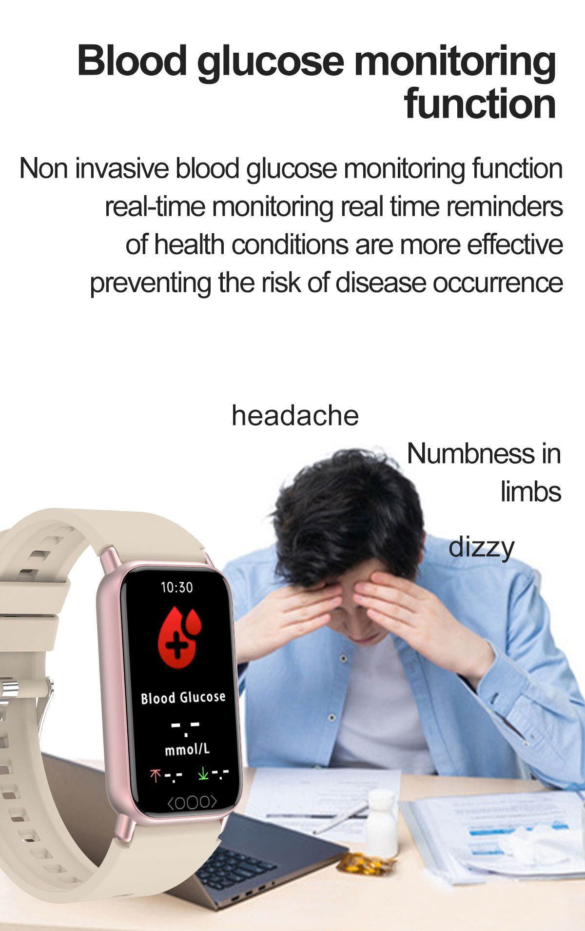(Black) Smart Watch for Men 1.47 Inch Blood Glucose Heart Rate Blood Pressure Monitor Smartwatch Women Bracelet for Android iOS