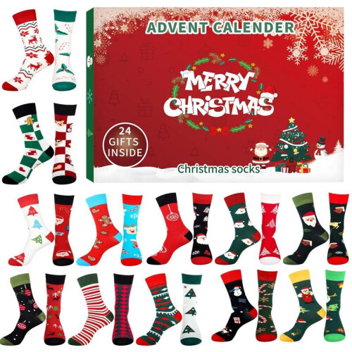 Christmas Stocking Advent Calendar 24 Days Countdown Cotton Socks For Adults Different Pattern Advent Box Socks Kids Gifts