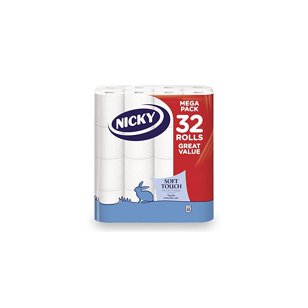 Nicky Soft Touch Toilet Tissue |Extra Value Pack 32 Rolls of Extra Gentle White Toilet