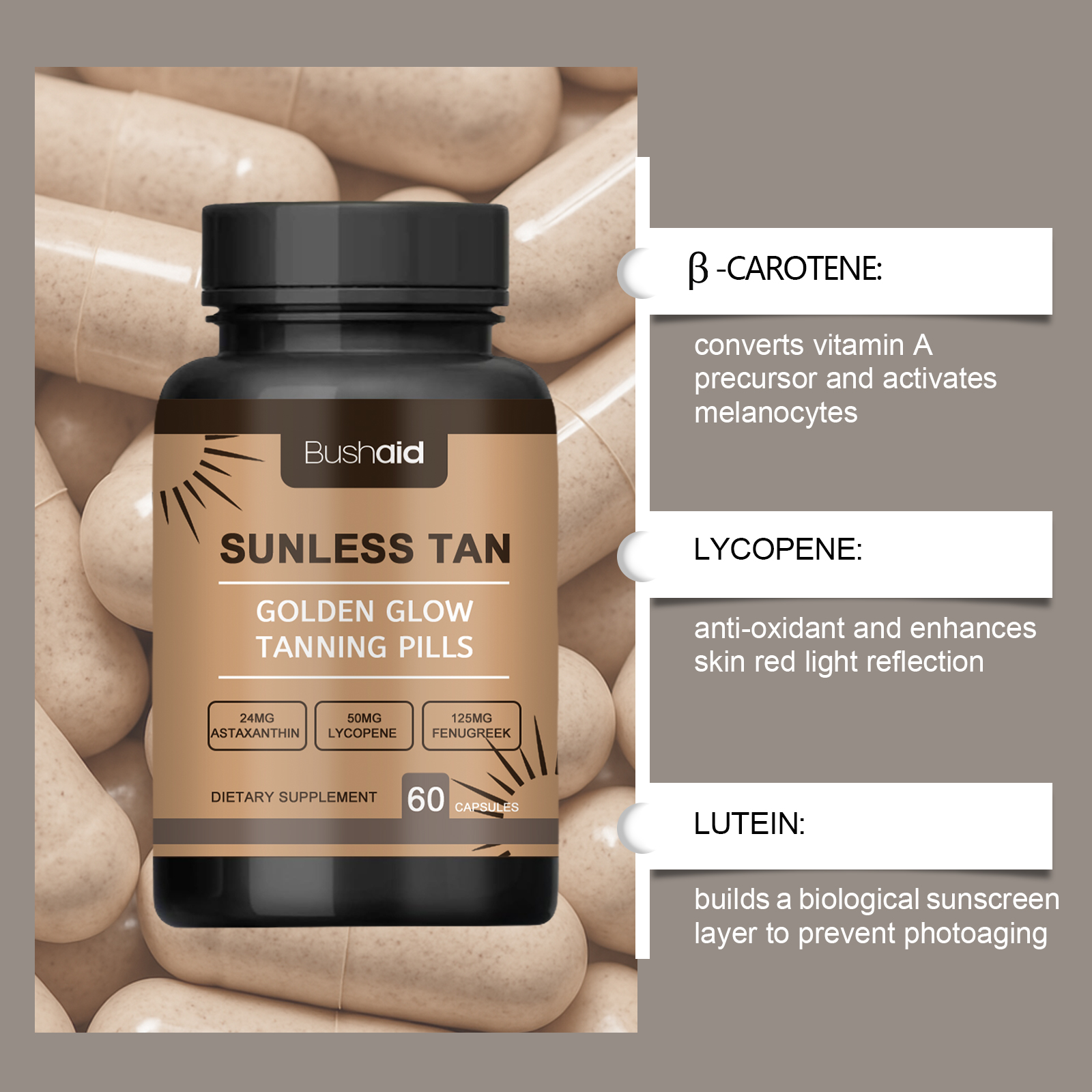 Sunless Tanning Pills Oral Golden Glow Tanning Capsules Accelerator Healthy Natural Safe Tan Tablets Daily Supplement 60pcs Pills