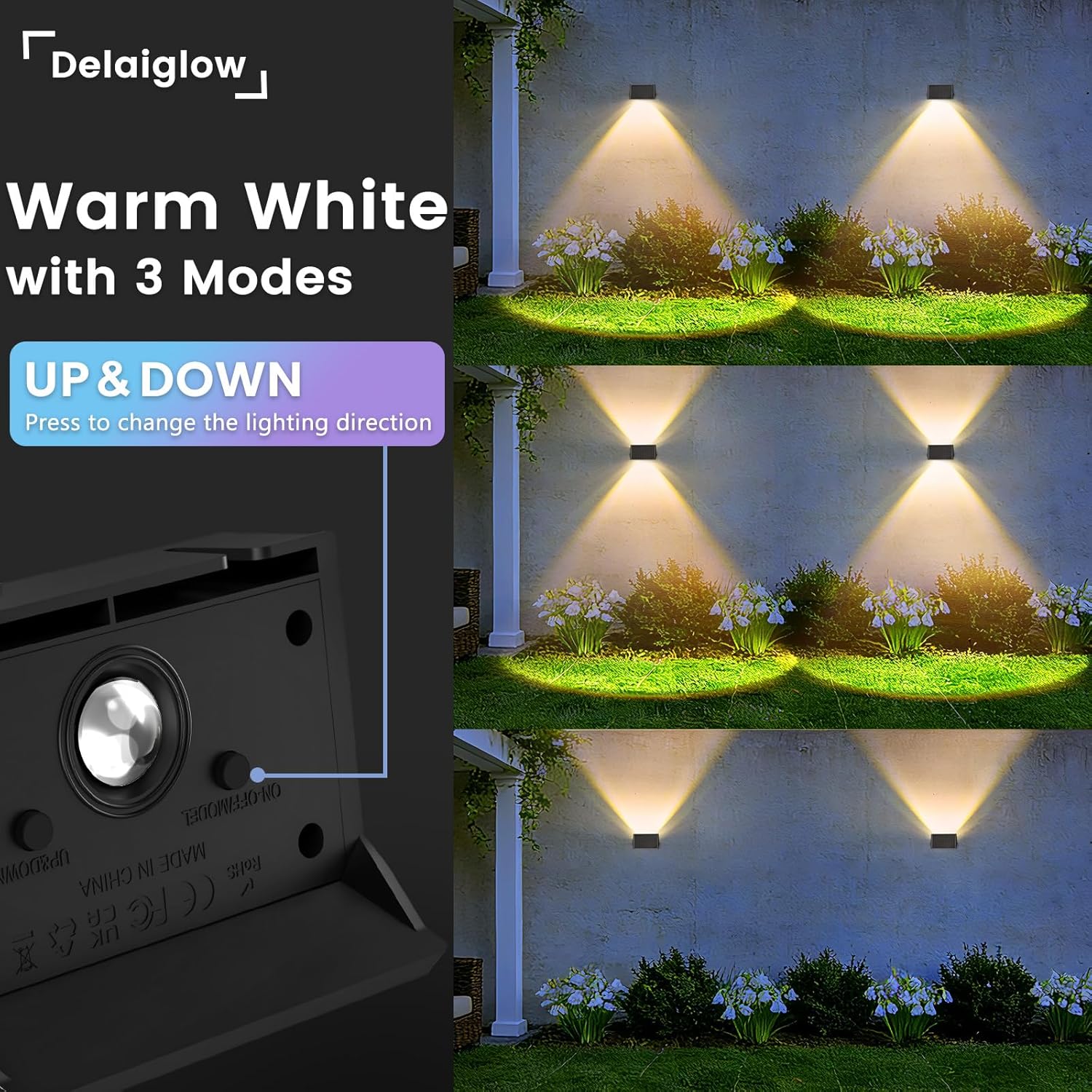 (Multicolor) Solar Fence Lights Outdoor 4 Pack Solar Up and Down Wall Lights Warm White Waterproof IP67 3 Light Modes Auto On/Off for Garden Fence Patio Yard