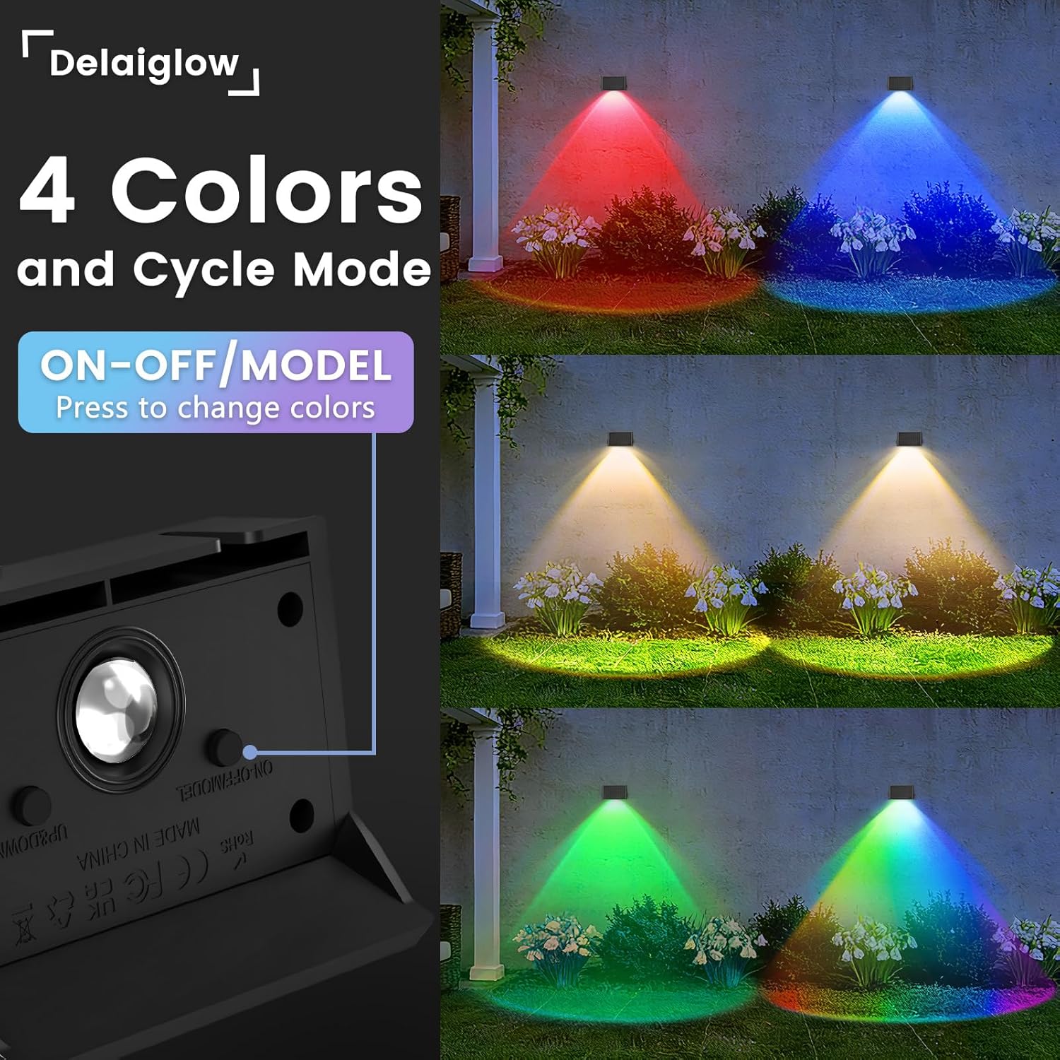 (Multicolor) Solar Fence Lights Outdoor 4 Pack Solar Up and Down Wall Lights Warm White Waterproof IP67 3 Light Modes Auto On/Off for Garden Fence Patio Yard