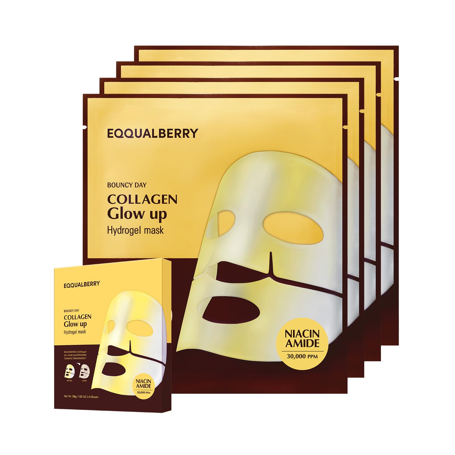 EQQUALBERRY Collagen Glow Up Mask Niacinamide Low Molecular Collagen for Brightening and Radiance Boosting Korean Collagen Face Mask for Glass Skin 4 Sheets