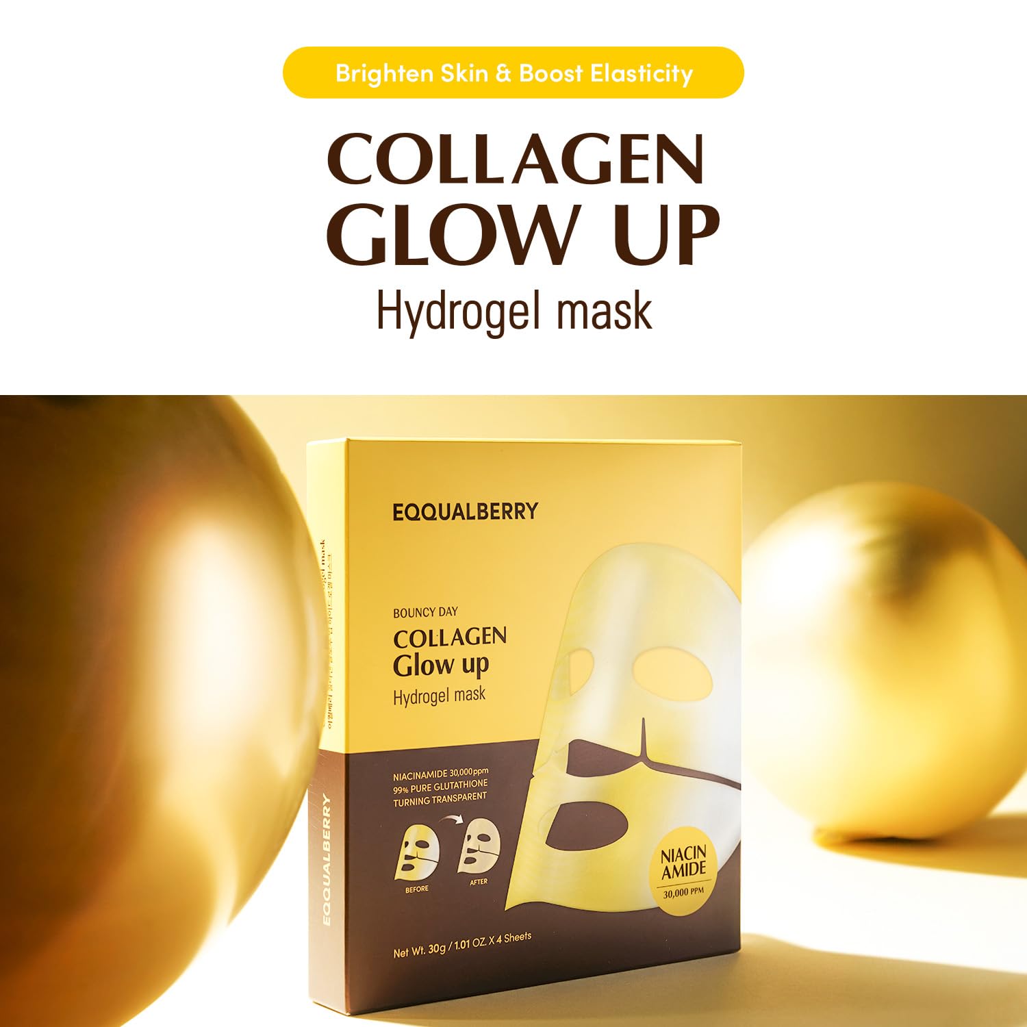 EQQUALBERRY Collagen Glow Up Mask Niacinamide Low Molecular Collagen for Brightening and Radiance Boosting Korean Collagen Face Mask for Glass Skin 4 Sheets