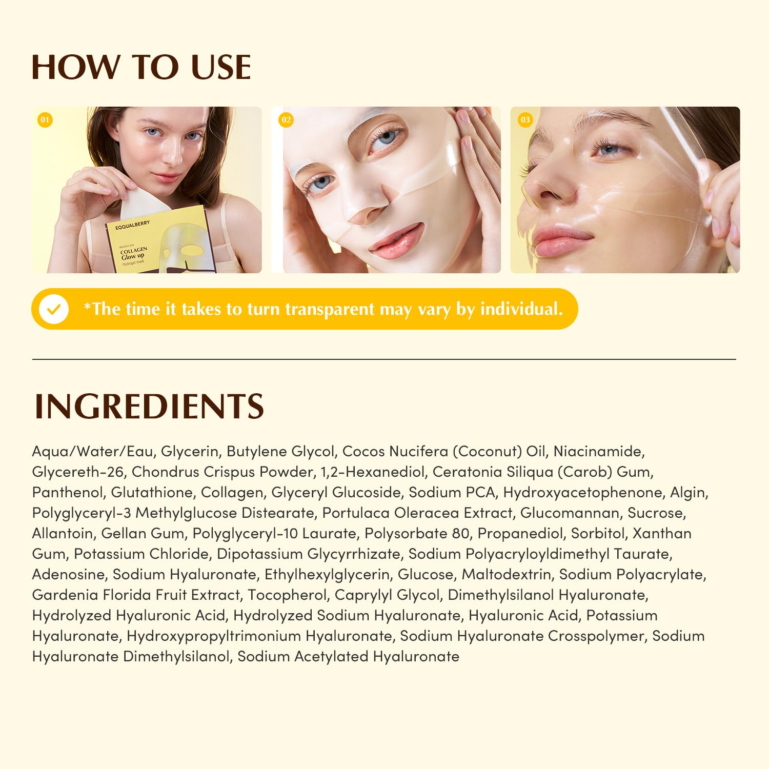 EQQUALBERRY Collagen Glow Up Mask Niacinamide Low Molecular Collagen for Brightening and Radiance Boosting Korean Collagen Face Mask for Glass Skin 4 Sheets