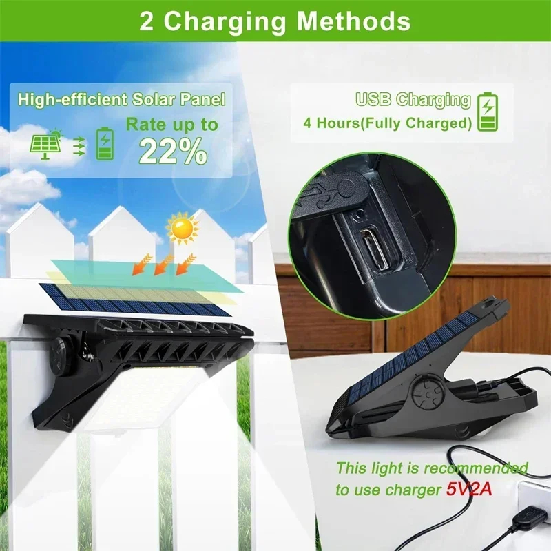 (2 PCS)  Clip On Solar Lights Outdoor Waterproof 58 LED Motion sensing USB Charging Fence Lamp for Garden Yard Patio
