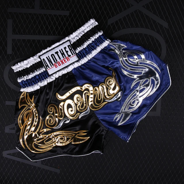 (XL) Unisex Muay Thai Pants with Embroidery Satin Boxing Shorts for Men Women Kids Kickboxing MMA Training