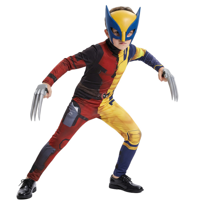 (140CM) Kids Fantasy Movie Superhero Printed Zipper Wolverine Cosplay Costume Bodysuit Halloween Mask Performance Costume Party Claws