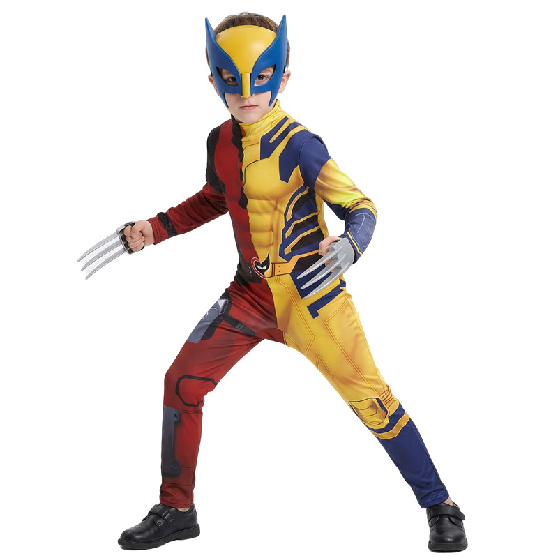 (140CM) Kids Fantasy Movie Superhero Printed Zipper Wolverine Cosplay Costume Bodysuit Halloween Mask Performance Costume Party Claws