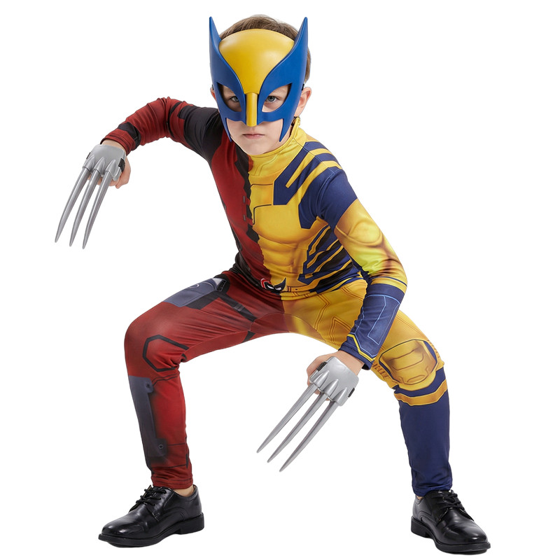 (140CM) Kids Fantasy Movie Superhero Printed Zipper Wolverine Cosplay Costume Bodysuit Halloween Mask Performance Costume Party Claws