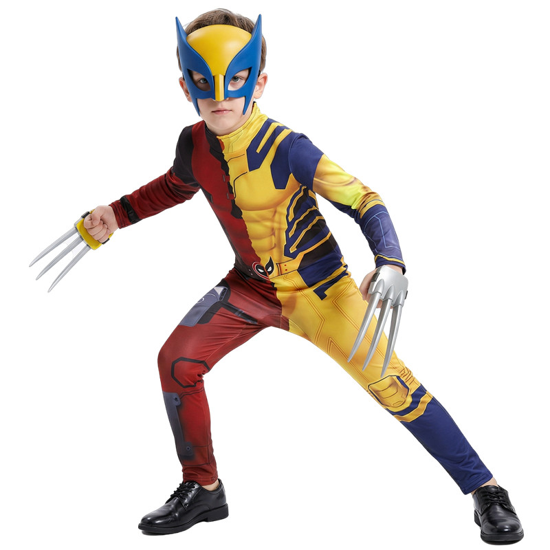 (140CM) Kids Fantasy Movie Superhero Printed Zipper Wolverine Cosplay Costume Bodysuit Halloween Mask Performance Costume Party Claws