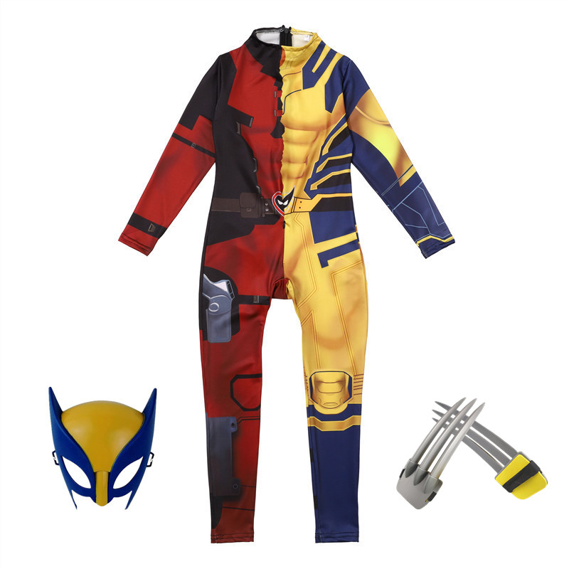 (140CM) Kids Fantasy Movie Superhero Printed Zipper Wolverine Cosplay Costume Bodysuit Halloween Mask Performance Costume Party Claws