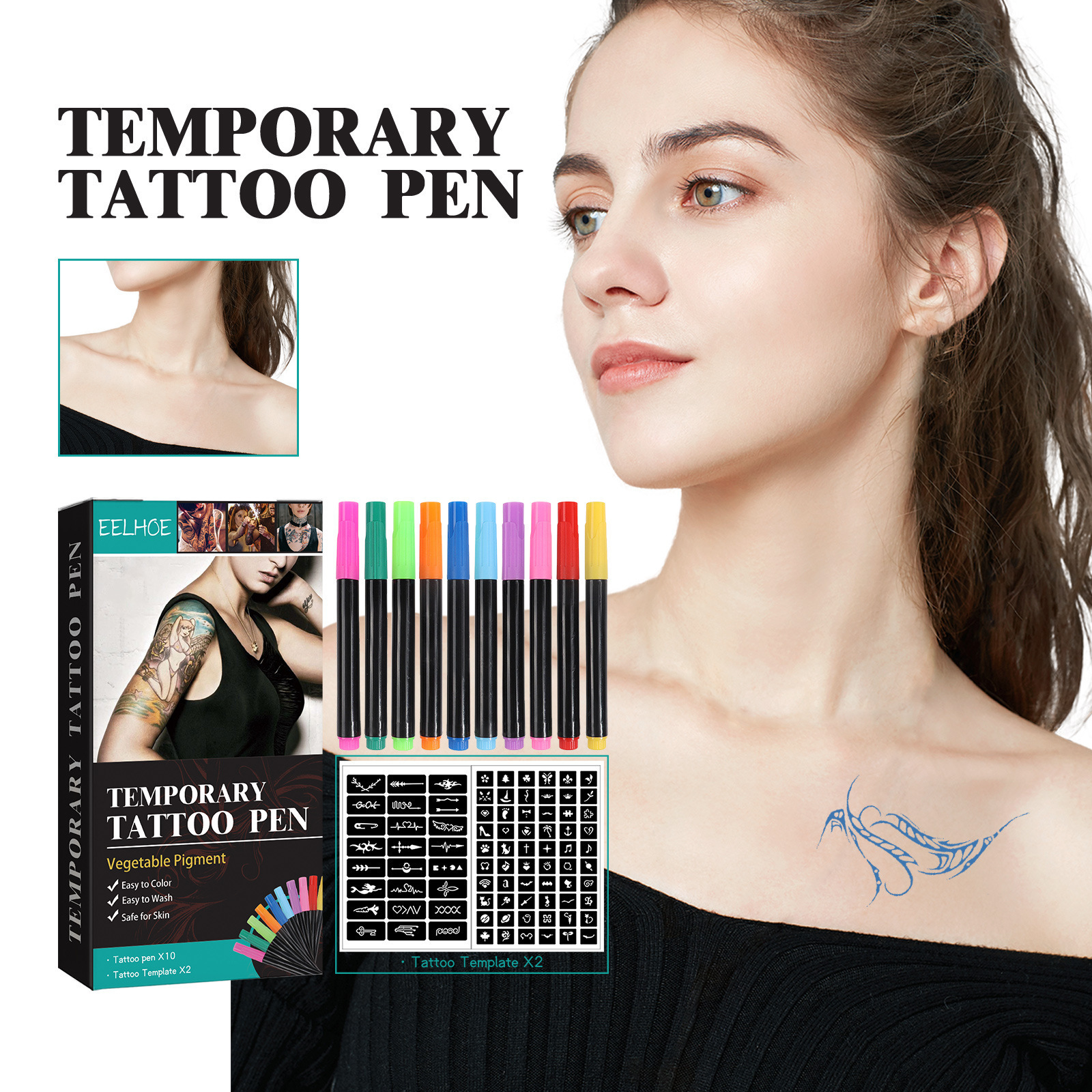 Temporary Tattoo Pens 10 Colors 2 Stencils For Face Arm Body Art DIY Makeup Graffiti And Party Decoration Set