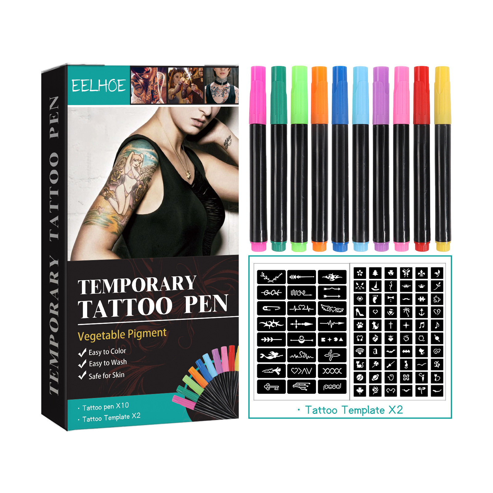 Temporary Tattoo Pens 10 Colors 2 Stencils For Face Arm Body Art DIY Makeup Graffiti And Party Decoration Set