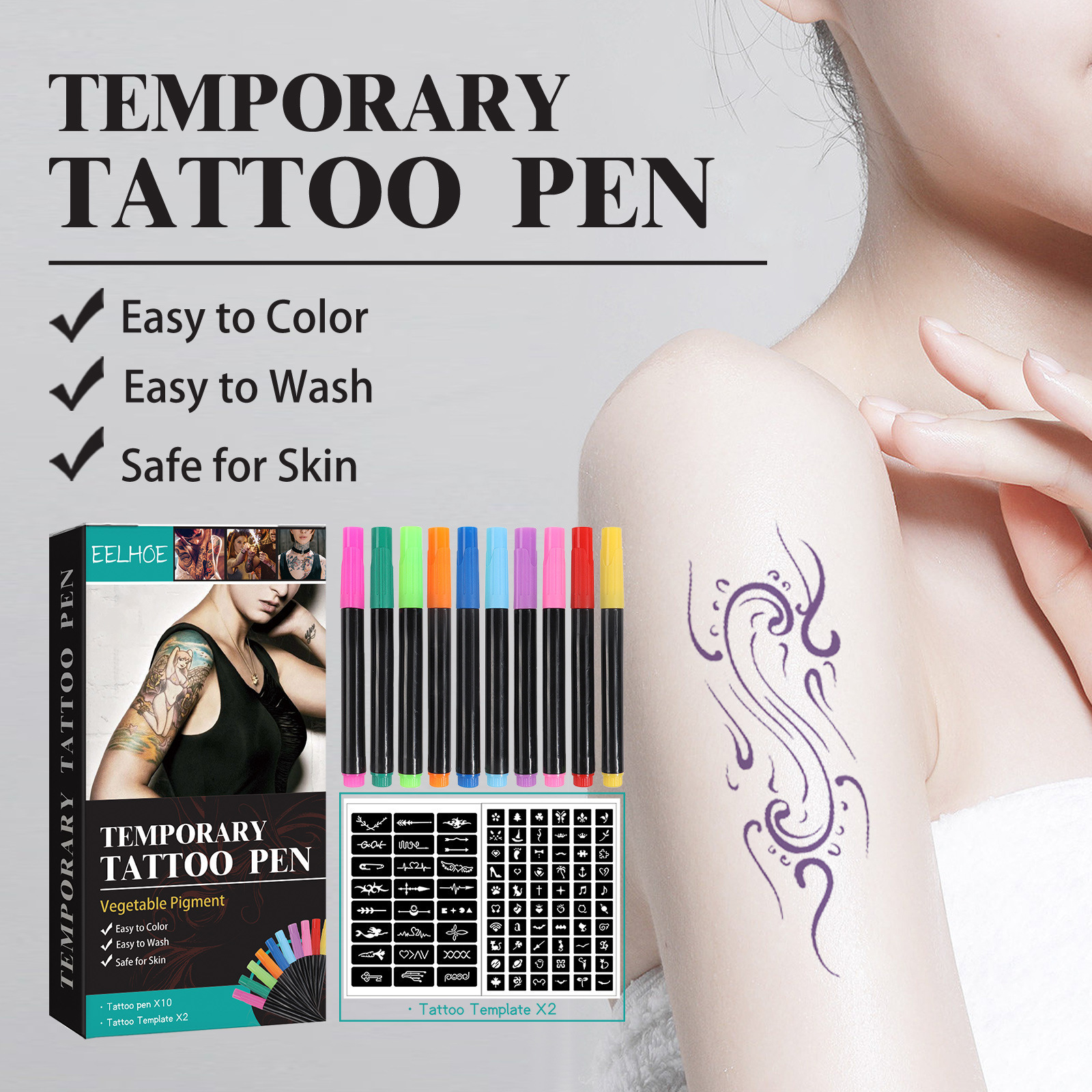 Temporary Tattoo Pens 10 Colors 2 Stencils For Face Arm Body Art DIY Makeup Graffiti And Party Decoration Set